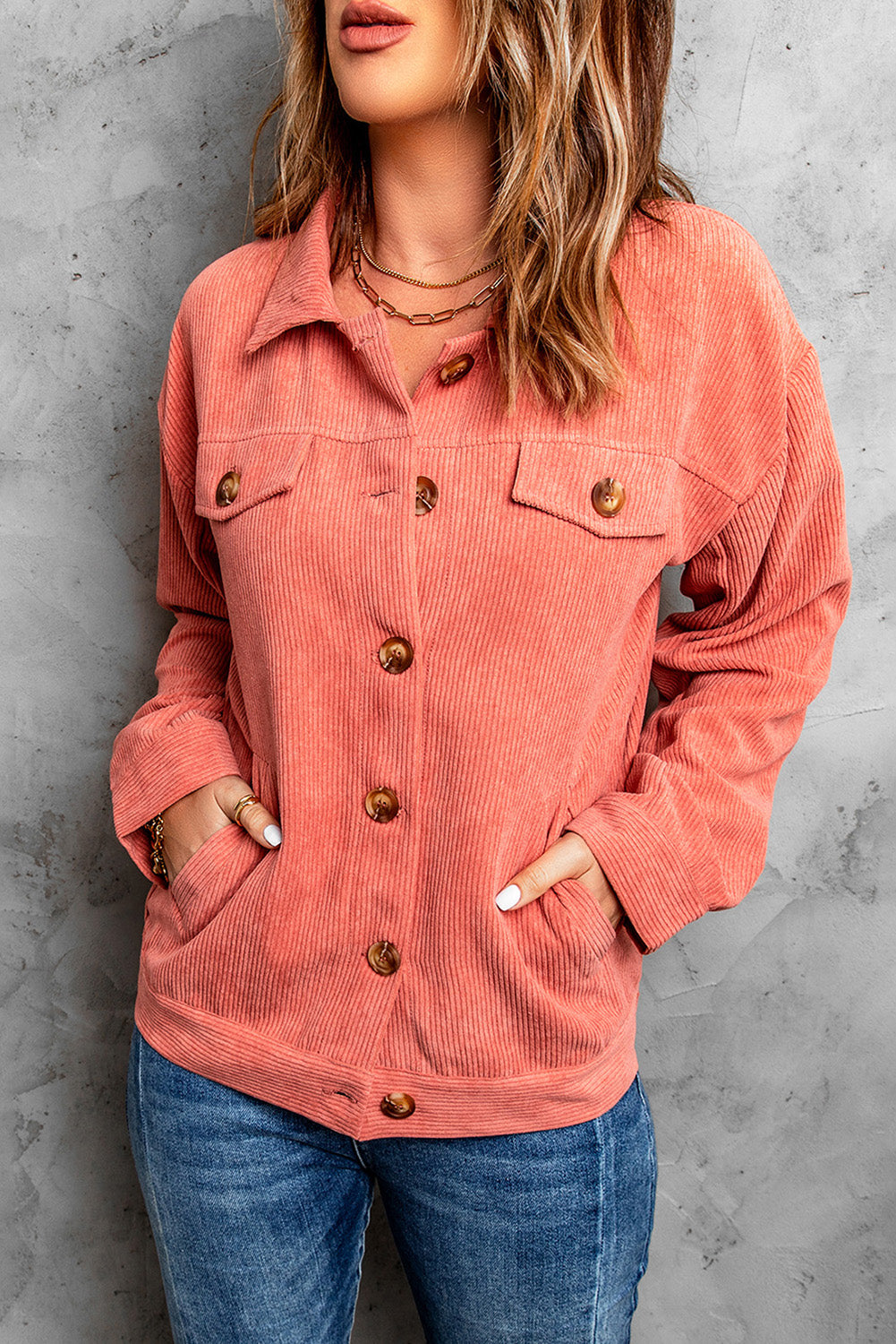 Jacket for Women Pink Rib-Knitted Cord