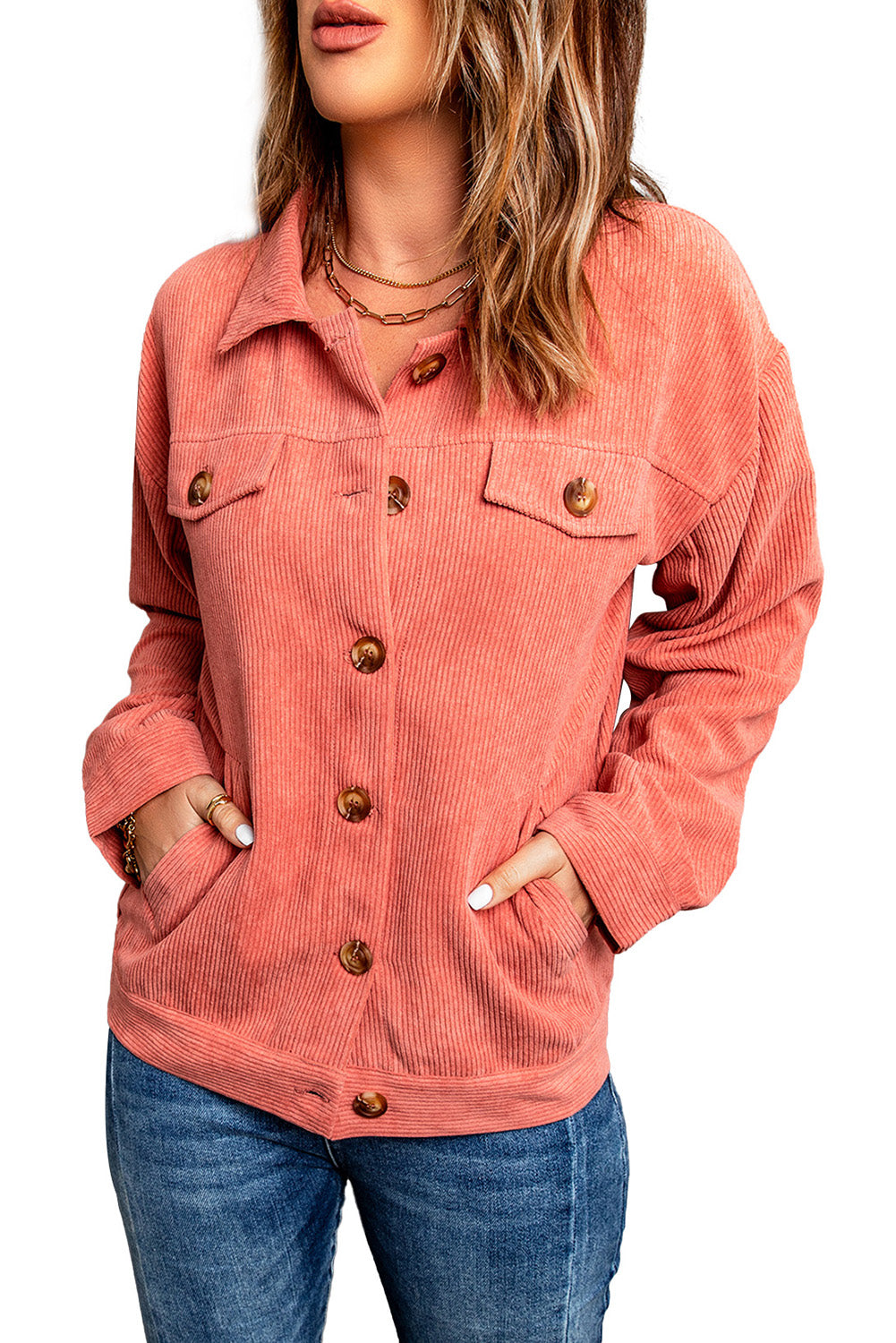 Jacket for Women Pink Rib-Knitted Cord