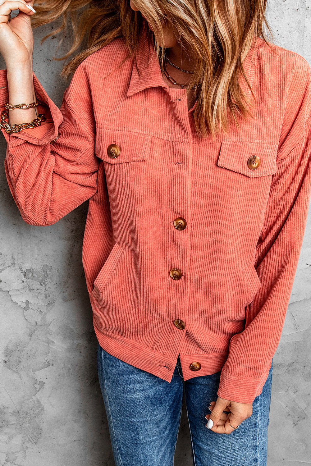 Jacket for Women Pink Rib-Knitted Cord