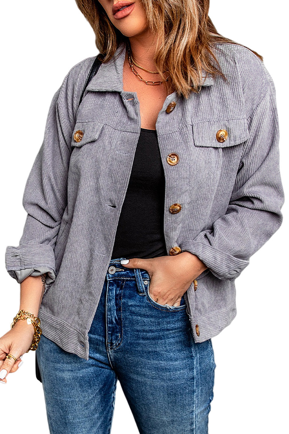 Women's Gray Rib-Knitted Cord Jacket