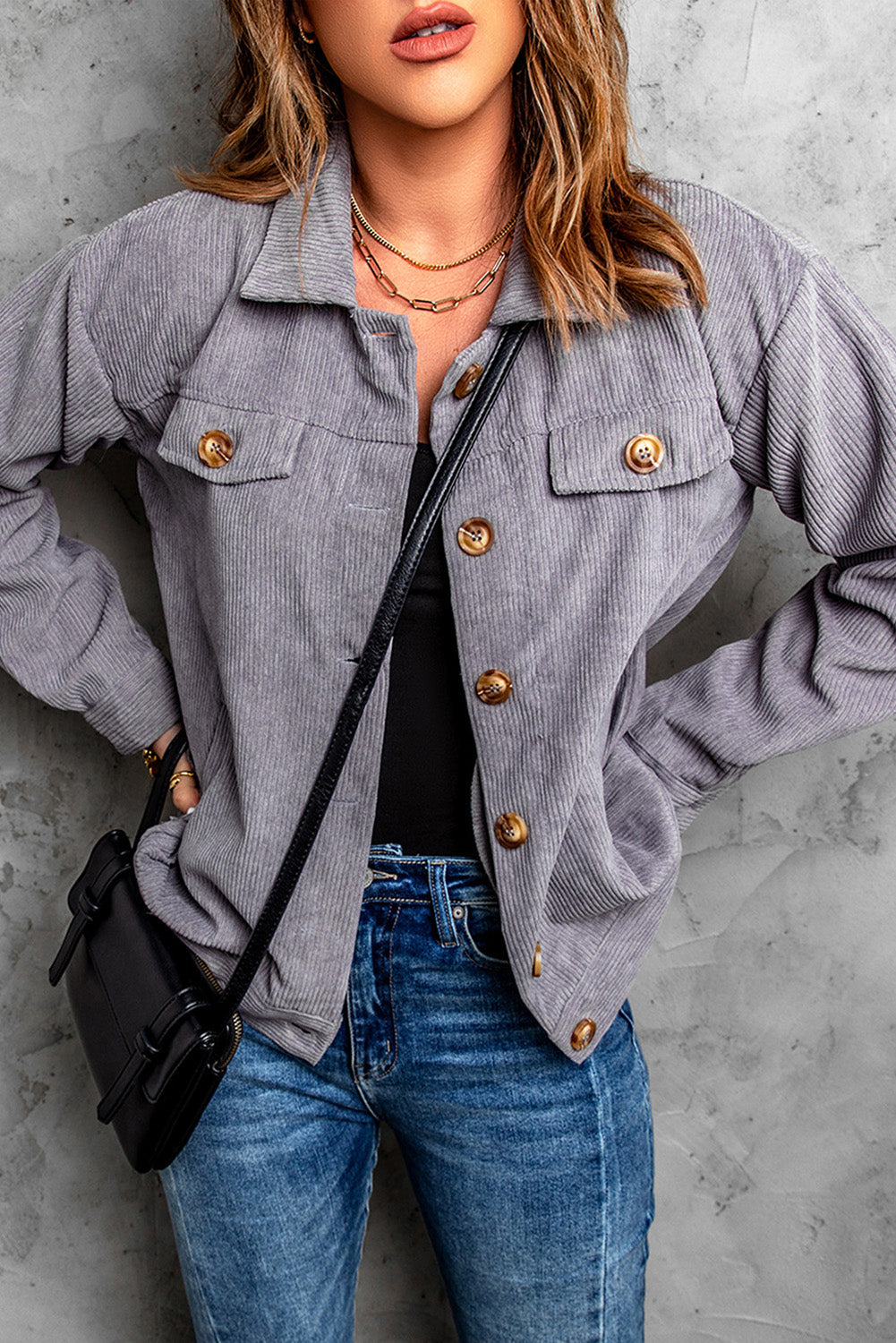 Women's Gray Rib-Knitted Cord Jacket