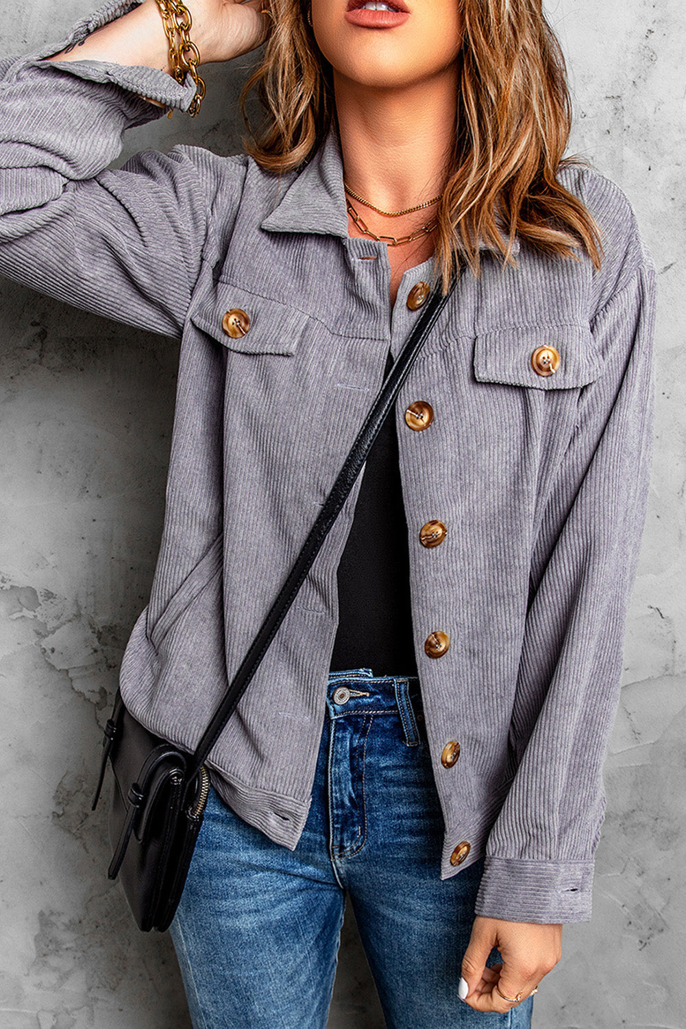 Women's Gray Rib-Knitted Cord Jacket