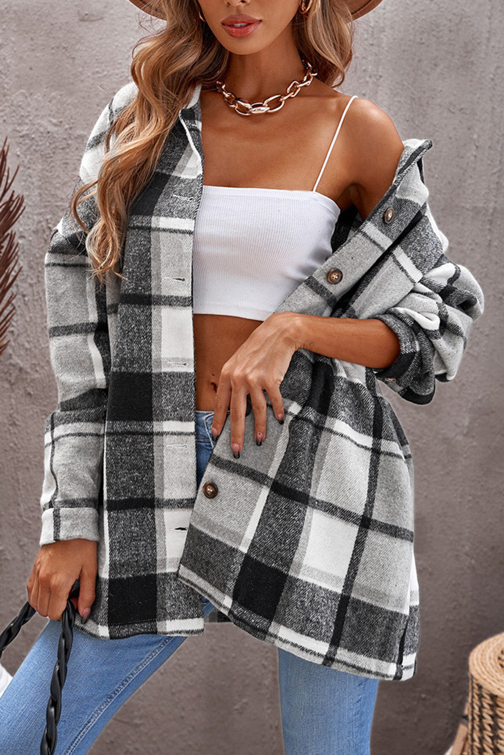 Shacket for Women Loose Lapel Button Plaid Shirts
