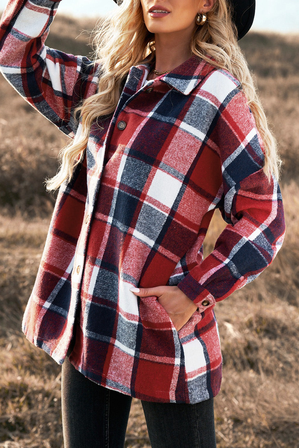 Shacket for Women Loose Lapel Button Plaid Shirts