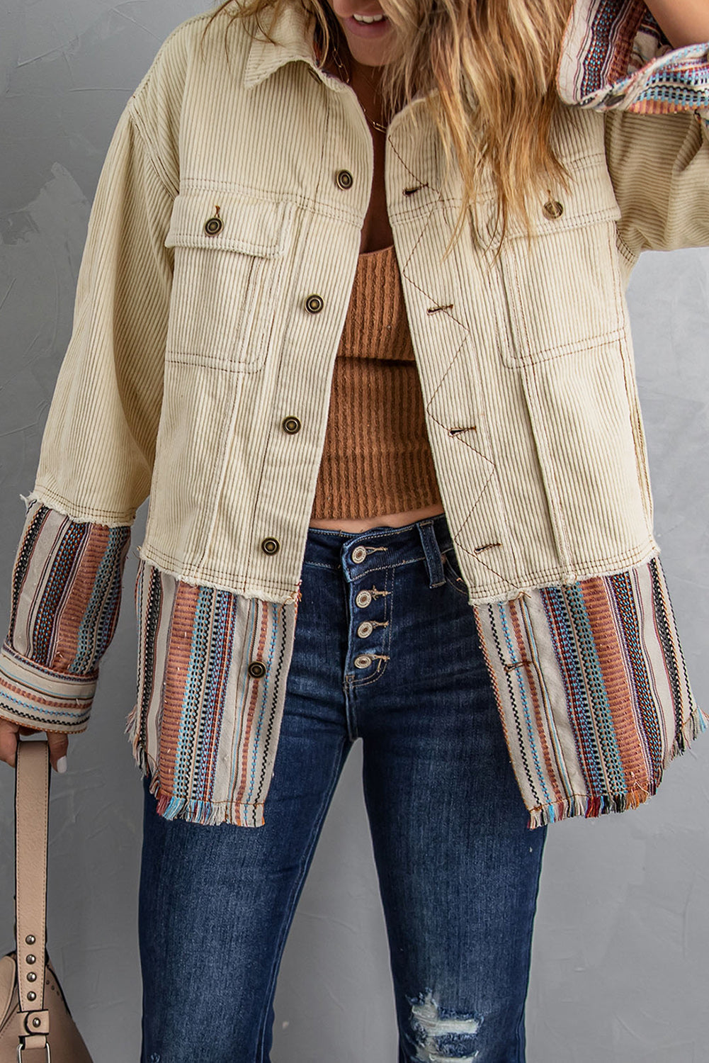 Women's Cord Beige Color-Block Jacket