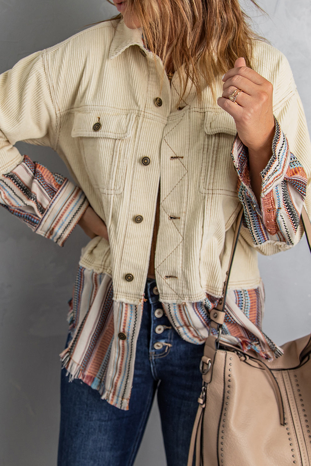 Women's Cord Beige Color-Block Jacket