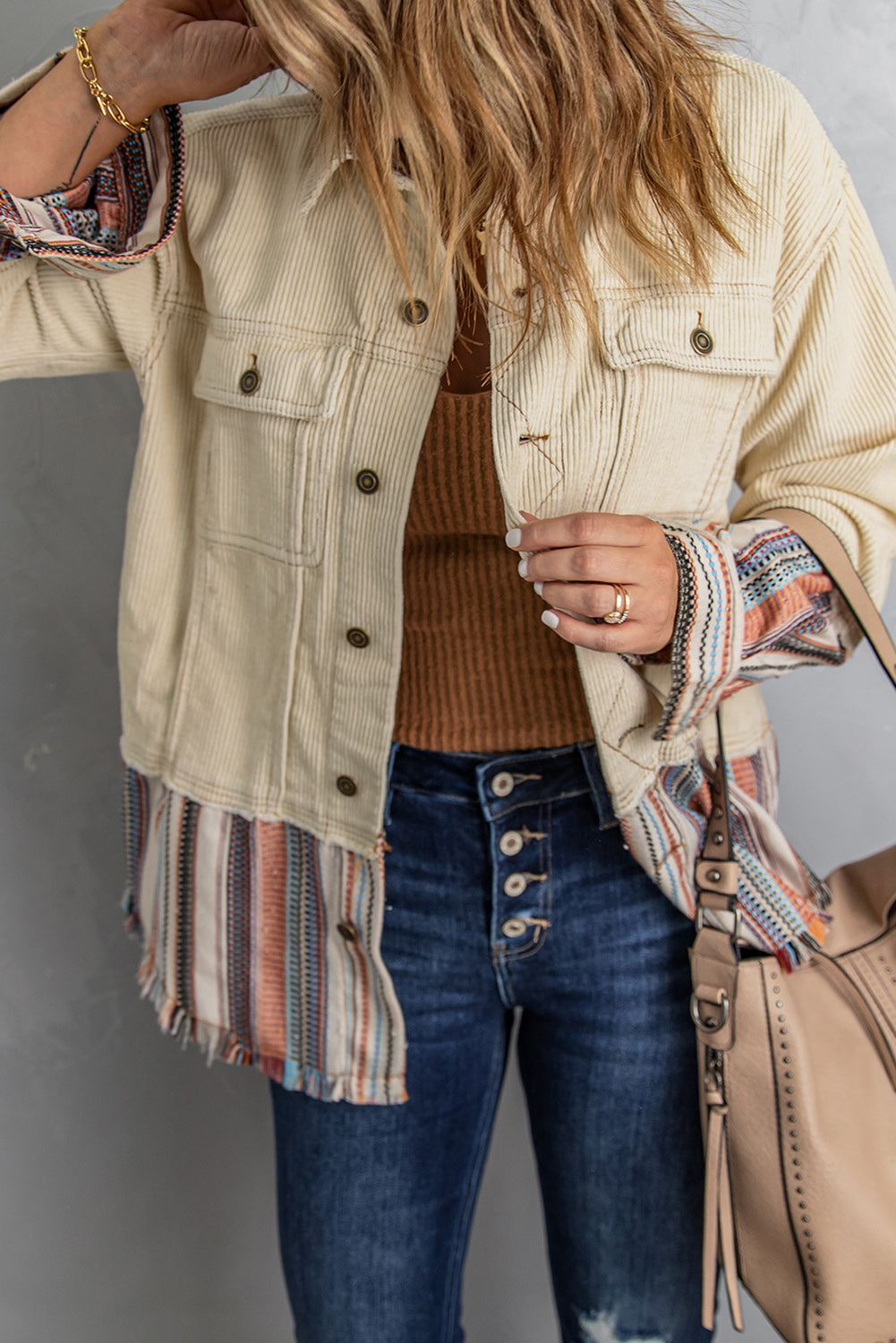 Women's Cord Beige Color-Block Jacket