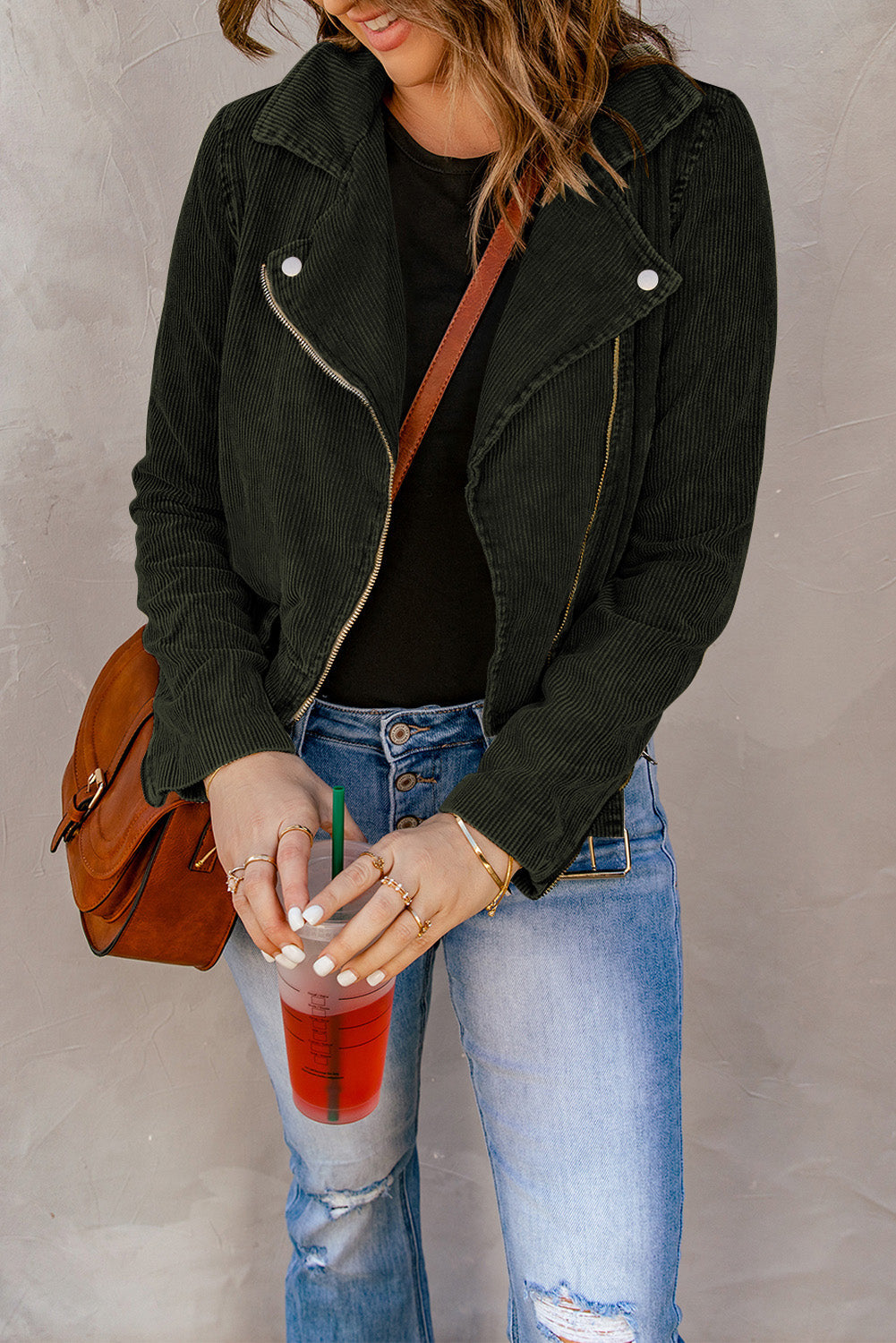 Women's Jacket Featuring Cord Buckle Belted Zip Up