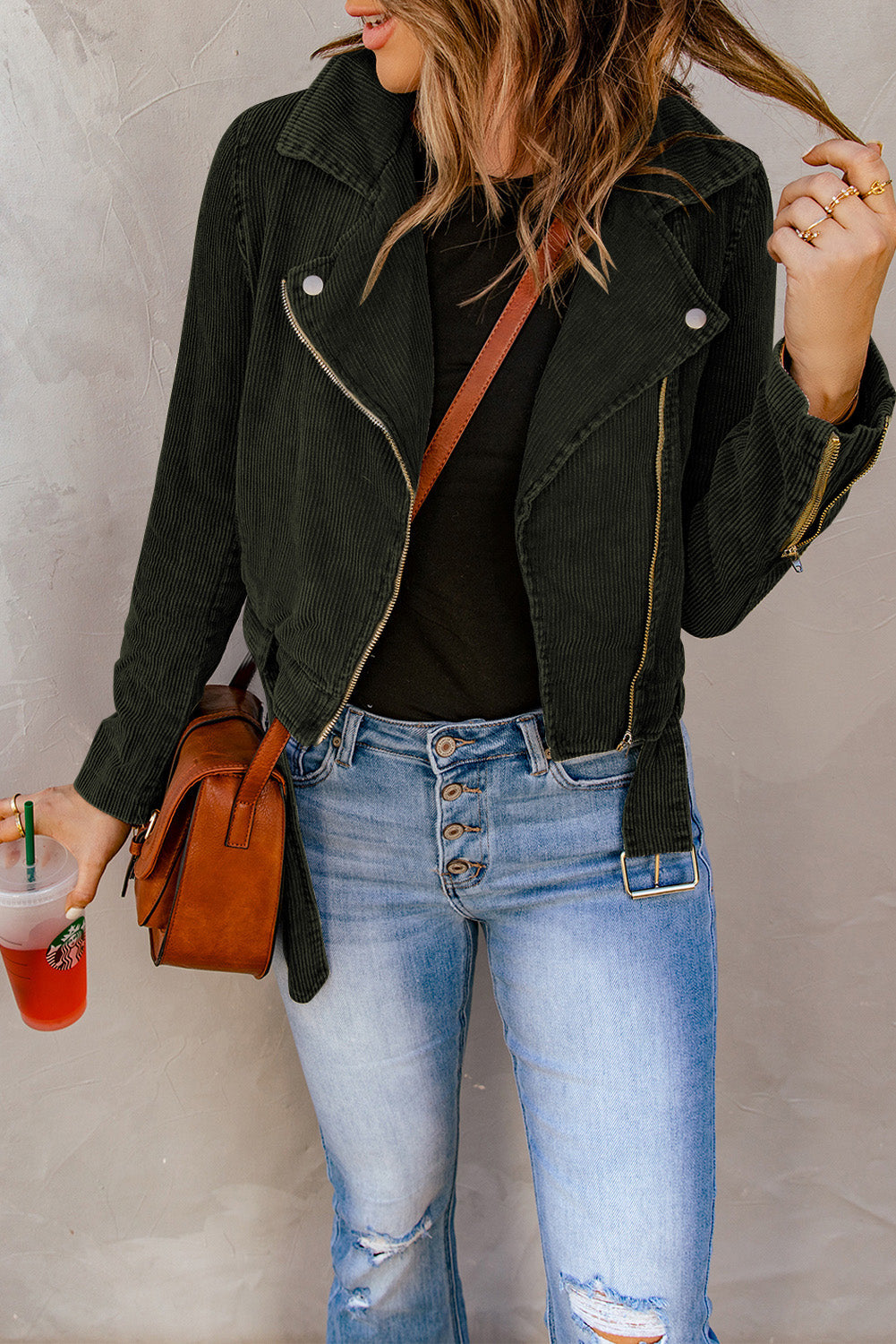 Women's Jacket Featuring Cord Buckle Belted Zip Up