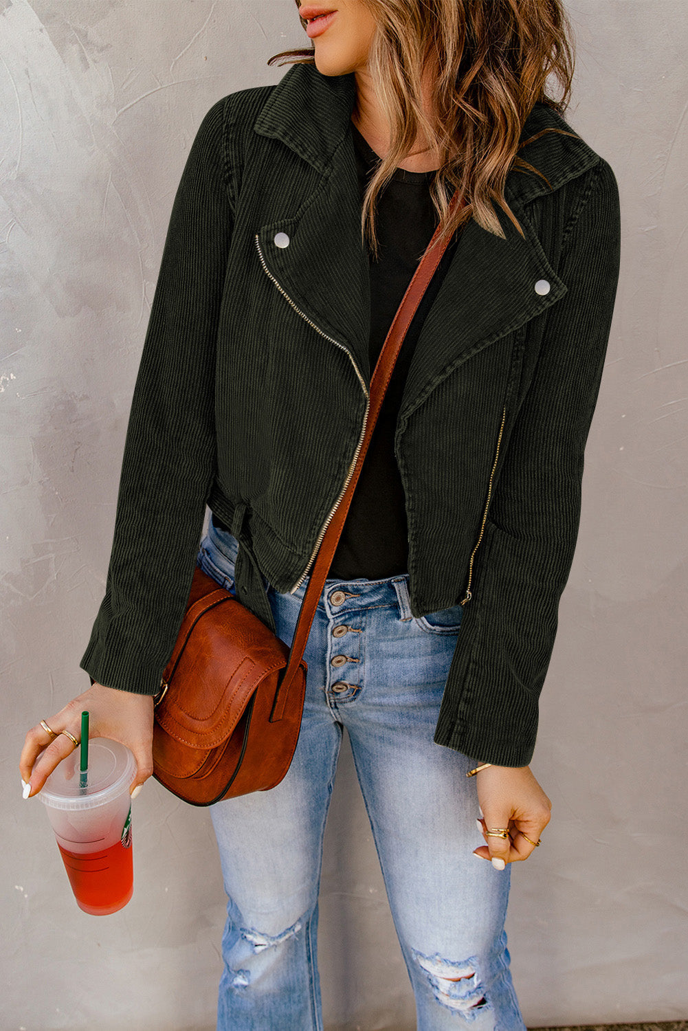 Women's Jacket Featuring Cord Buckle Belted Zip Up