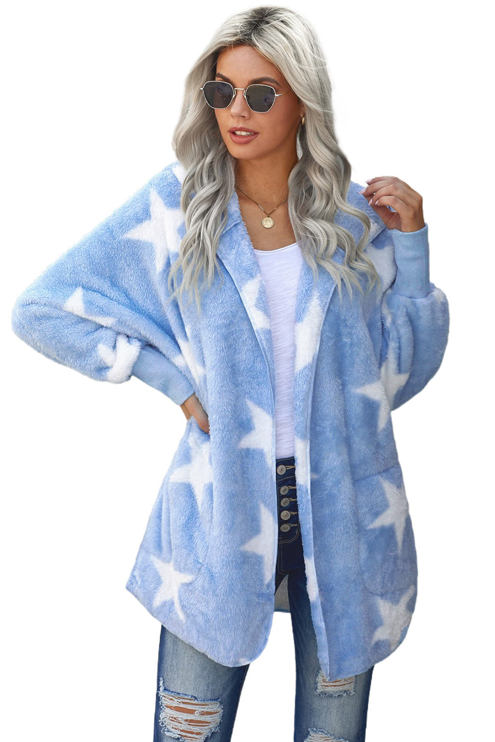 Women's Women鈥檚 Sky Blue Lapel Collar Scatter Star Fuzzy Coat