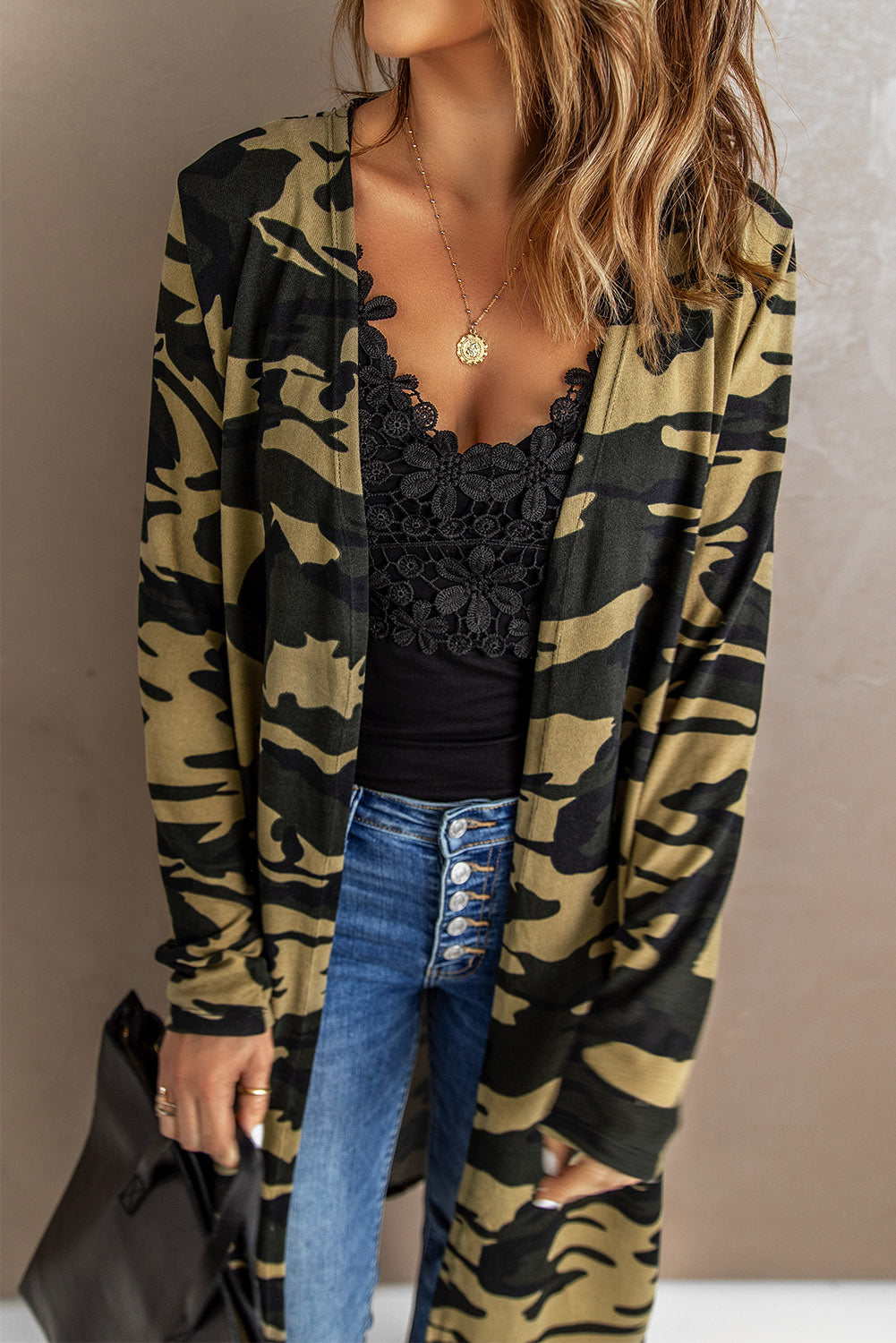 Women's Long Cardigan with Fashion Green Camouflage-Print