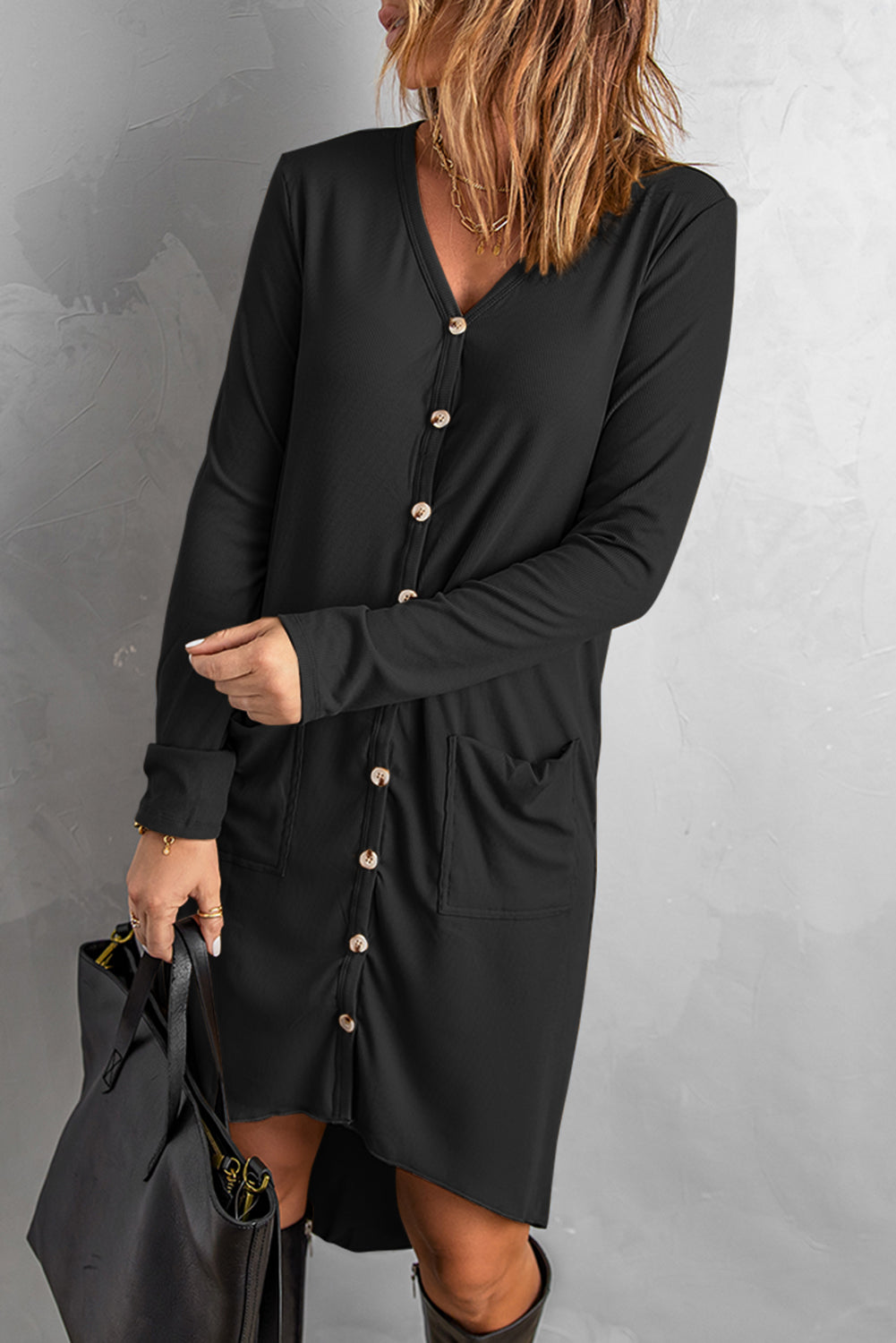 Women's Long Cardigan with Knitted High Low Women's Black Selected Button Down Pocket-Detail