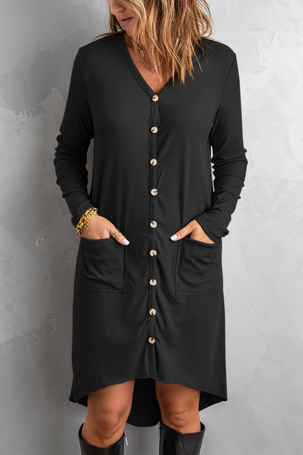 Women's Long Cardigan with Knitted High Low Women's Black Selected Button Down Pocket-Detail
