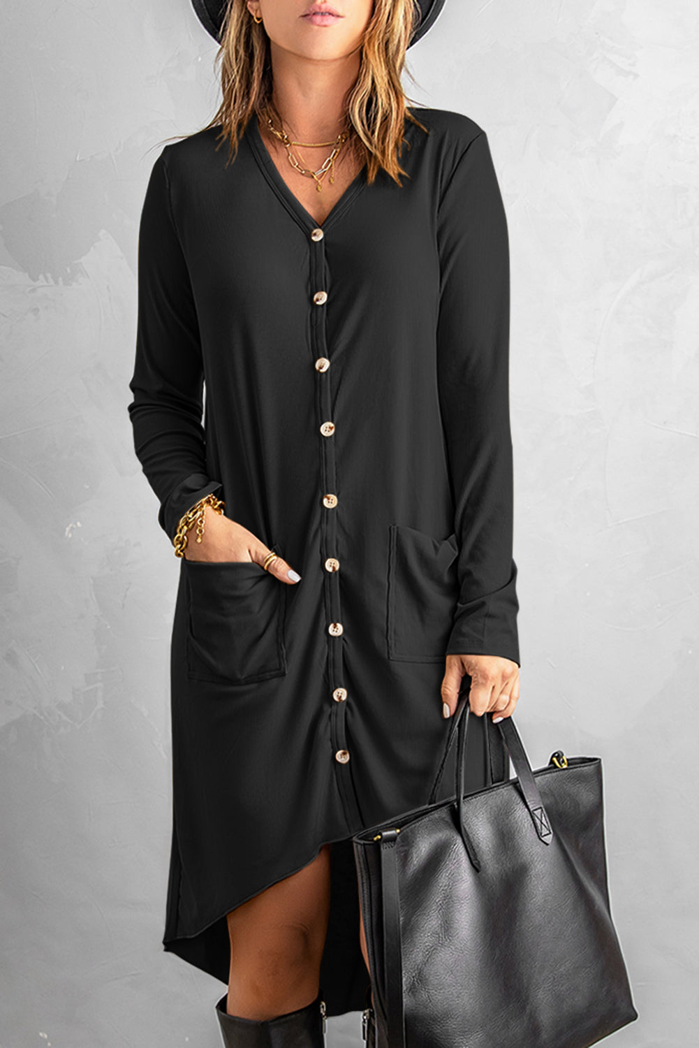 Women's Long Cardigan with Knitted High Low Women's Black Selected Button Down Pocket-Detail