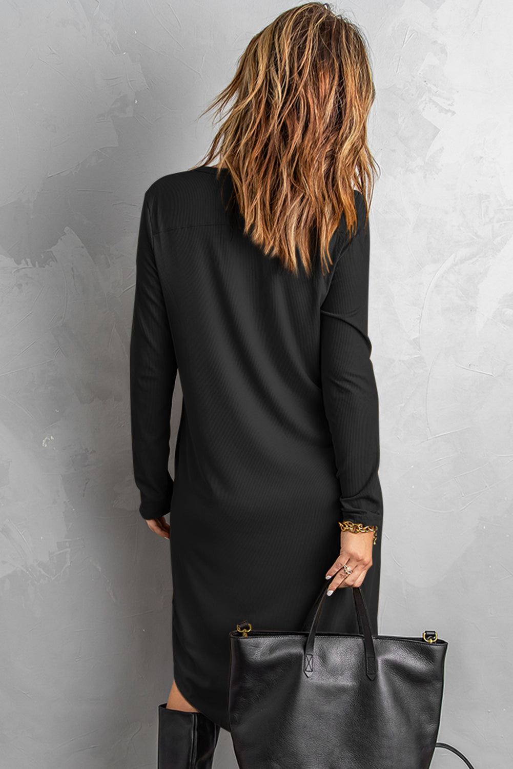 Women's Long Cardigan with Knitted High Low Women's Black Selected Button Down Pocket-Detail