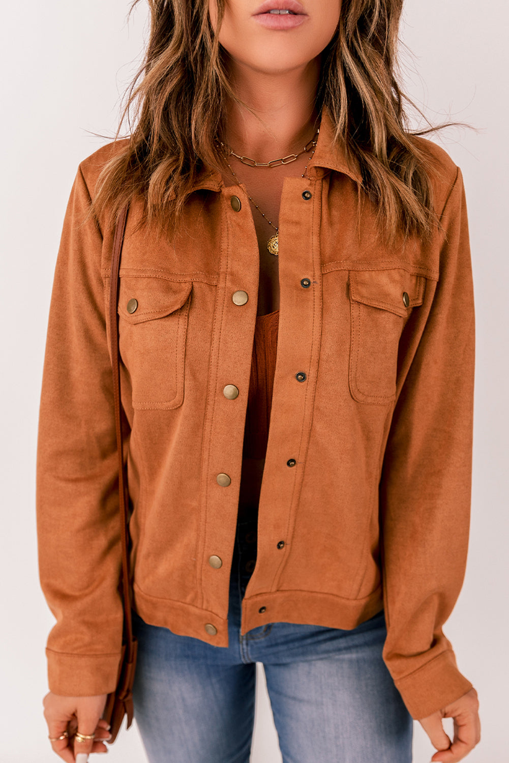 Women's Brown Flap Pocket Suede Jacket