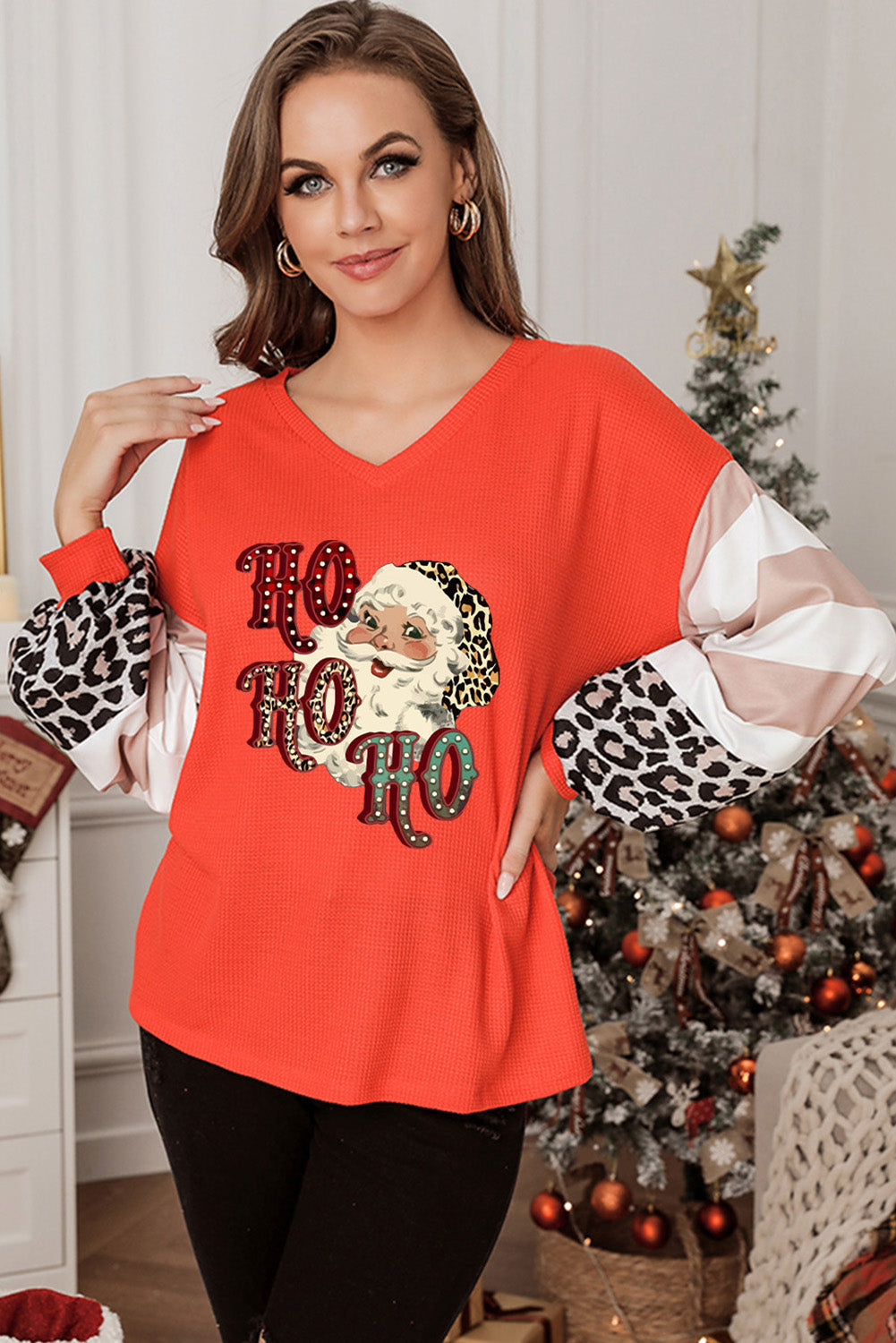 Women's Knit Top Featuring Christmas Waffle