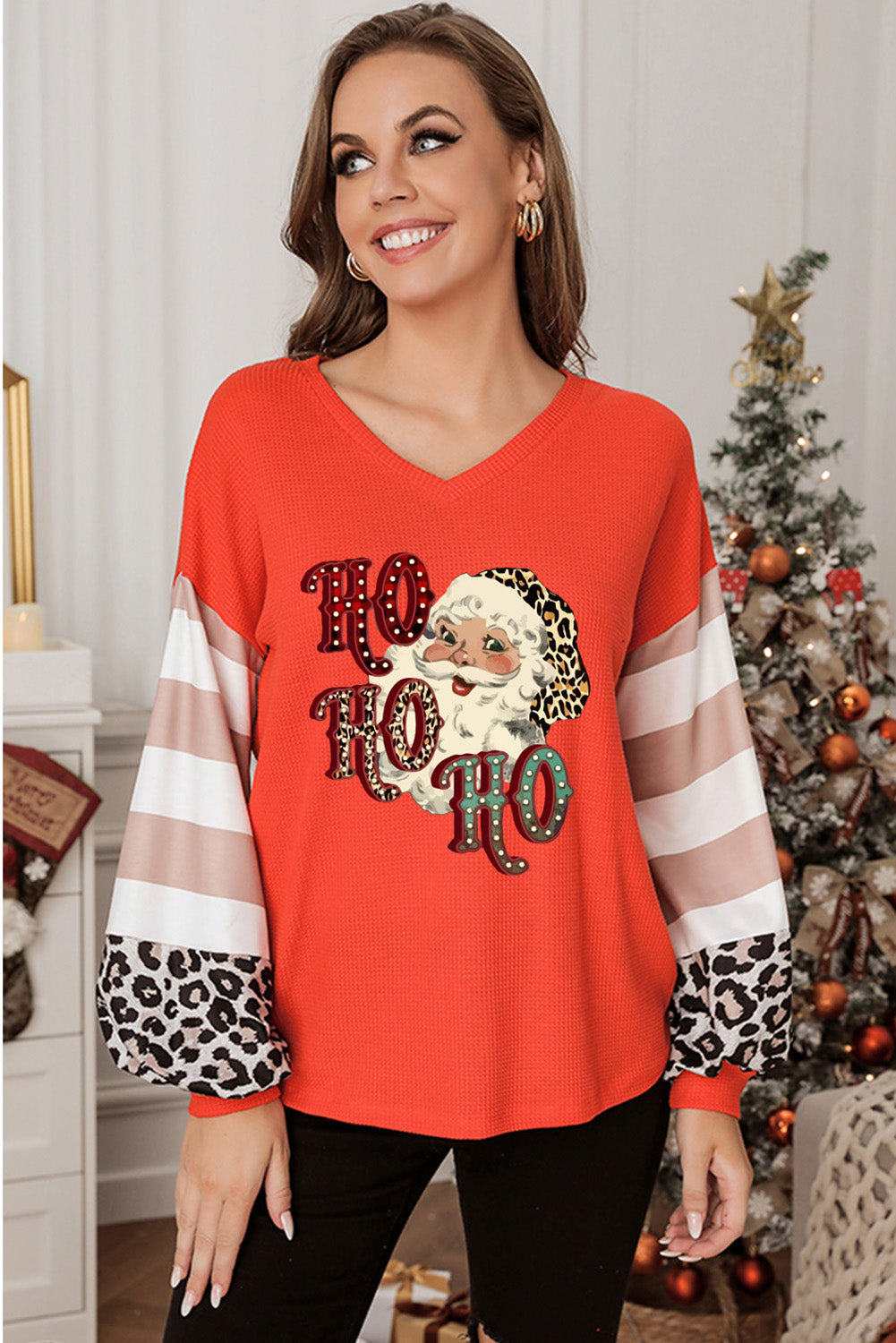 Women's Knit Top Featuring Christmas Waffle