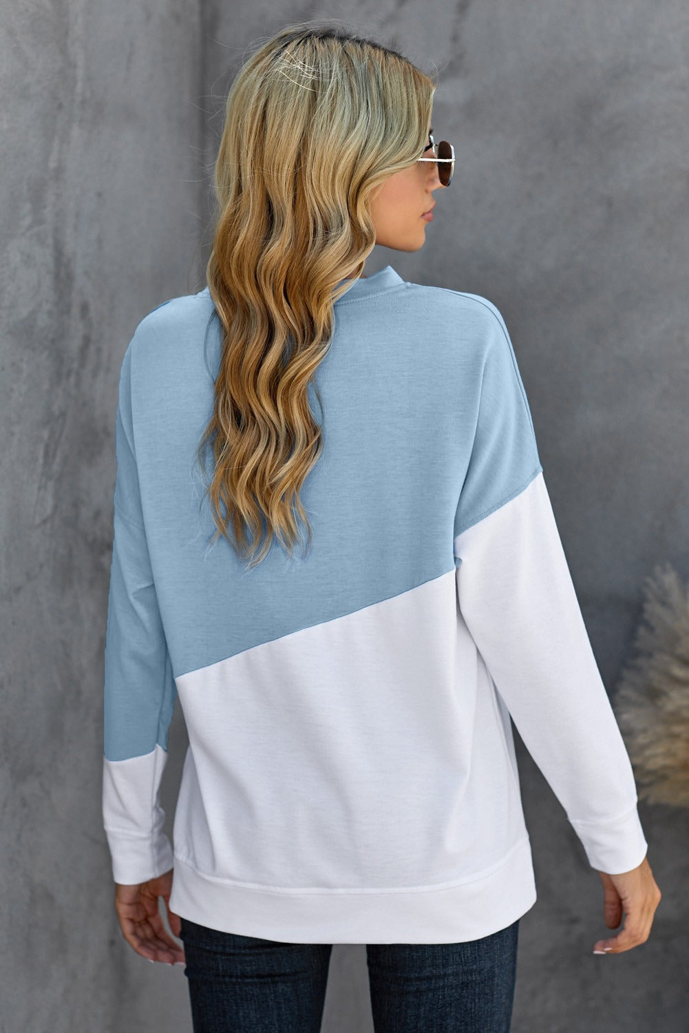 Sweatshirt for Women Dropped Shoulder Light Blue White Patchwork