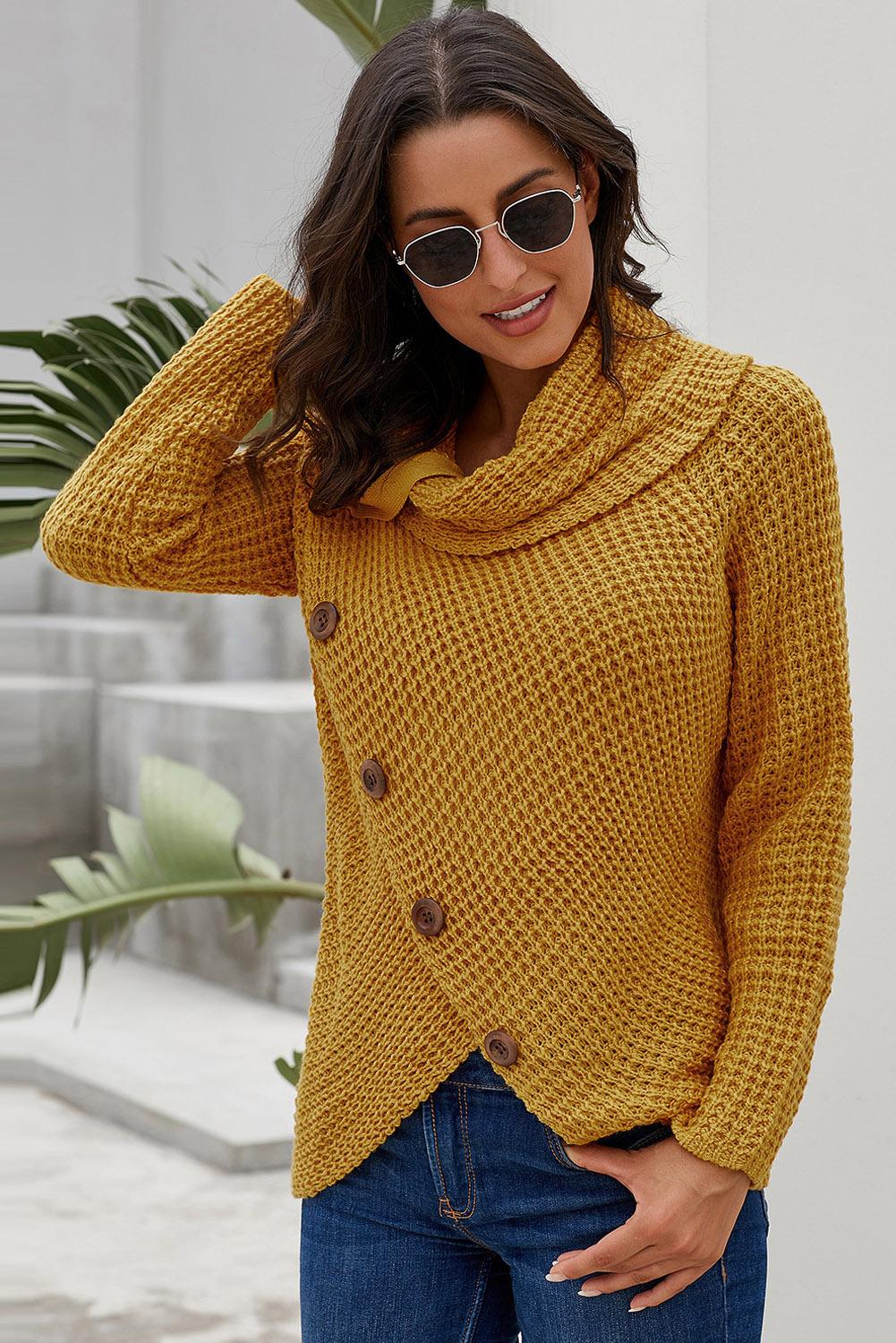 Women's Wrap Mustard Button-Front Turtleneck Sweater