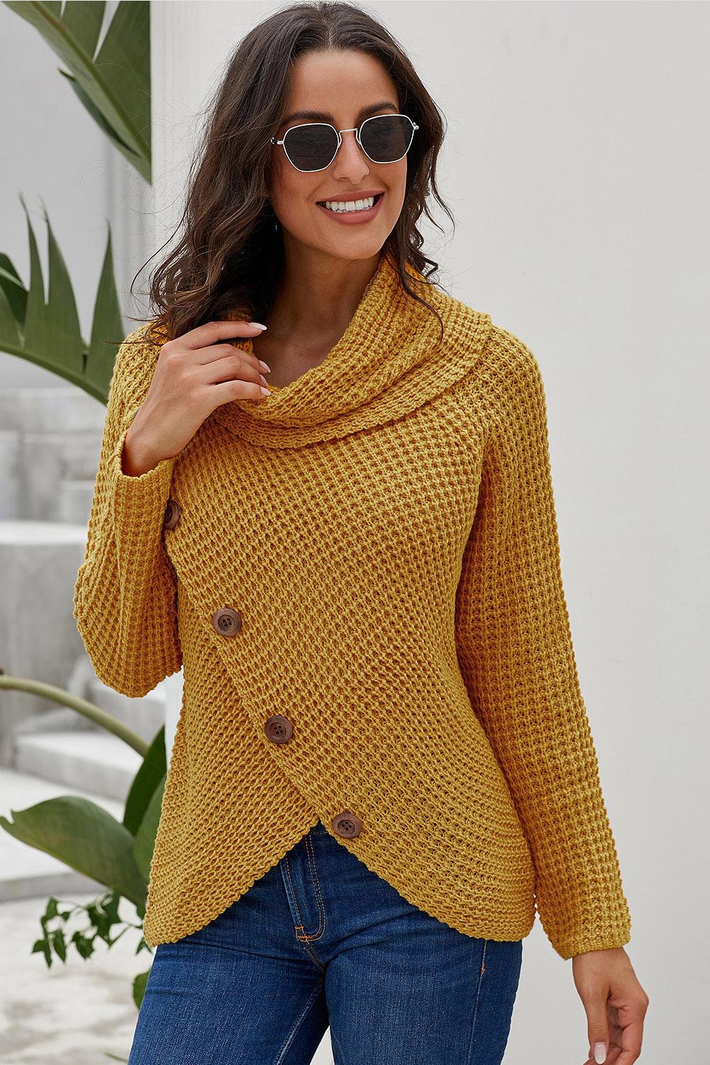 Women's Wrap Mustard Button-Front Turtleneck Sweater
