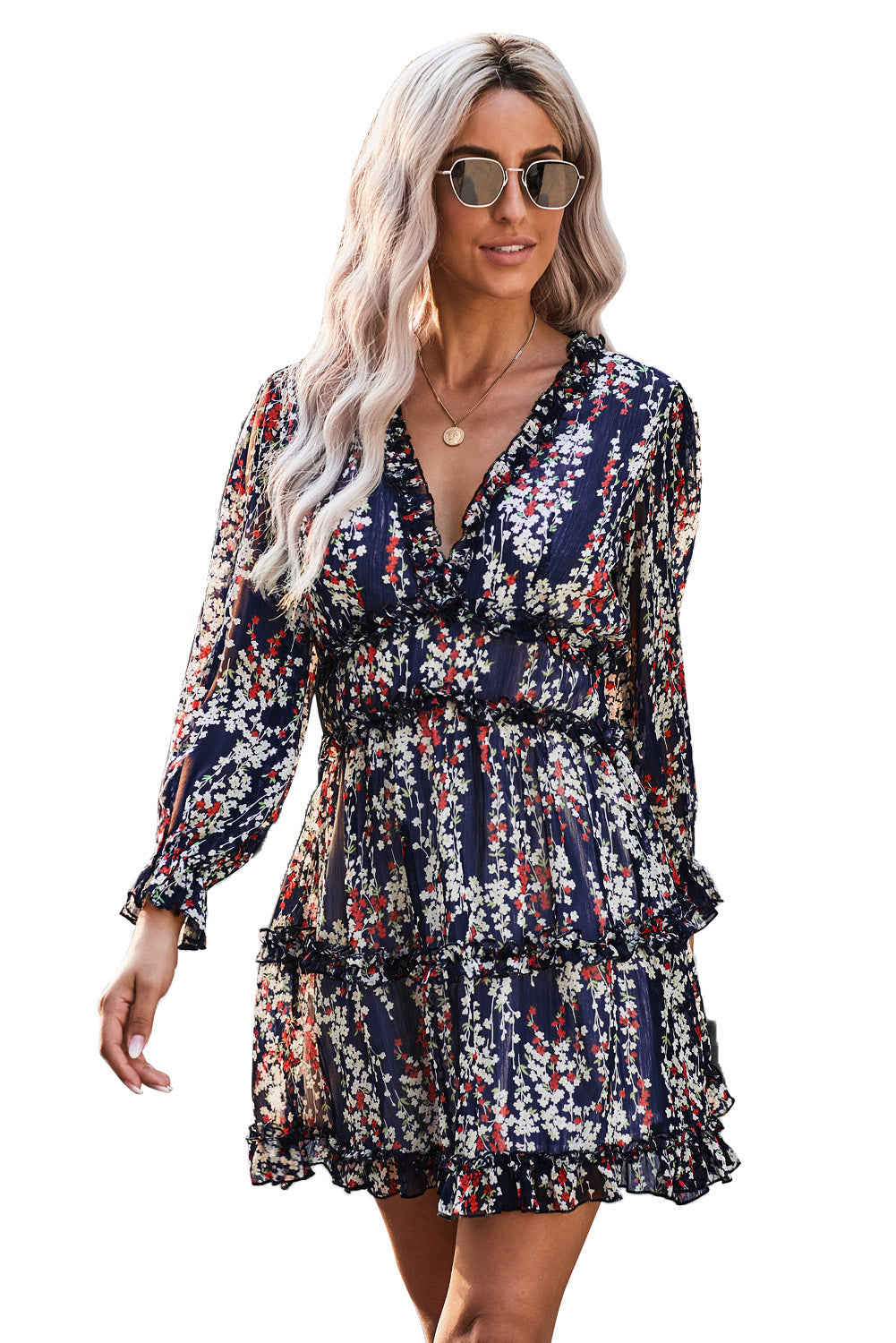 Women's Dress Featuring White Ruffle-Trimmed Detailing V-neck Open-Back Floral-Print