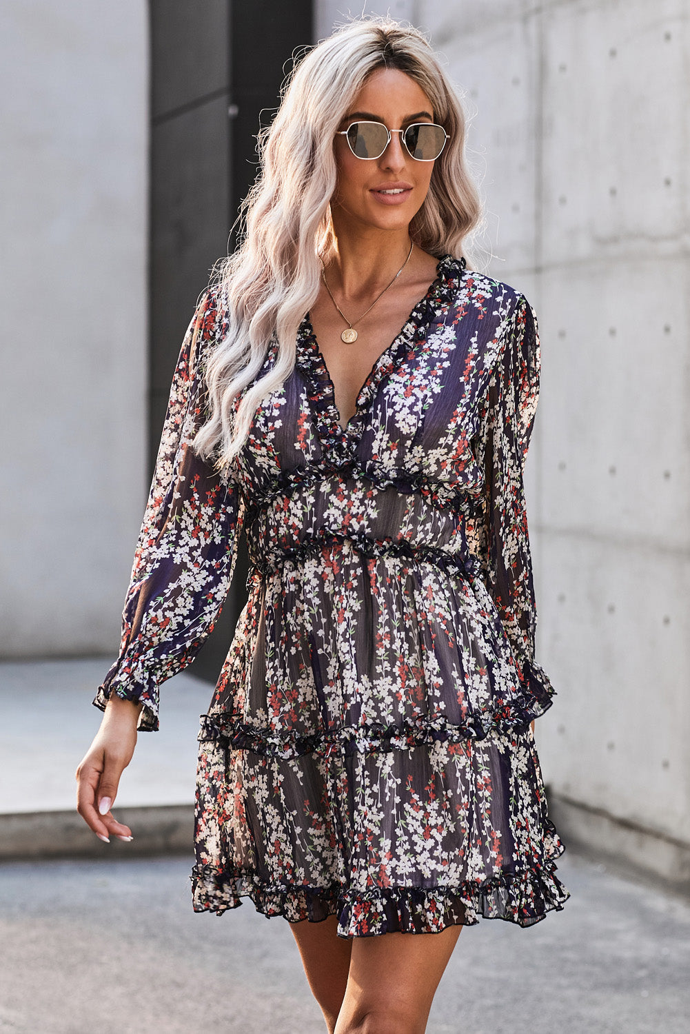 Dress for Women Open-Back Floral-Print Navy Blue Ruffle-Trimmed Detailing Long-Sleeve