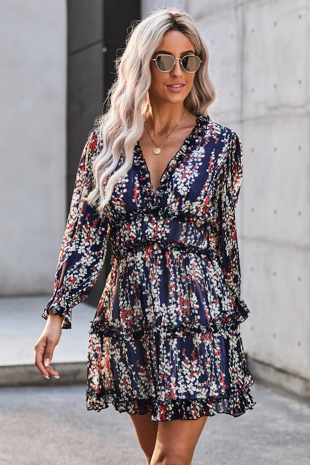 Women's Dress Featuring White Ruffle-Trimmed Detailing V-neck Open-Back Floral-Print