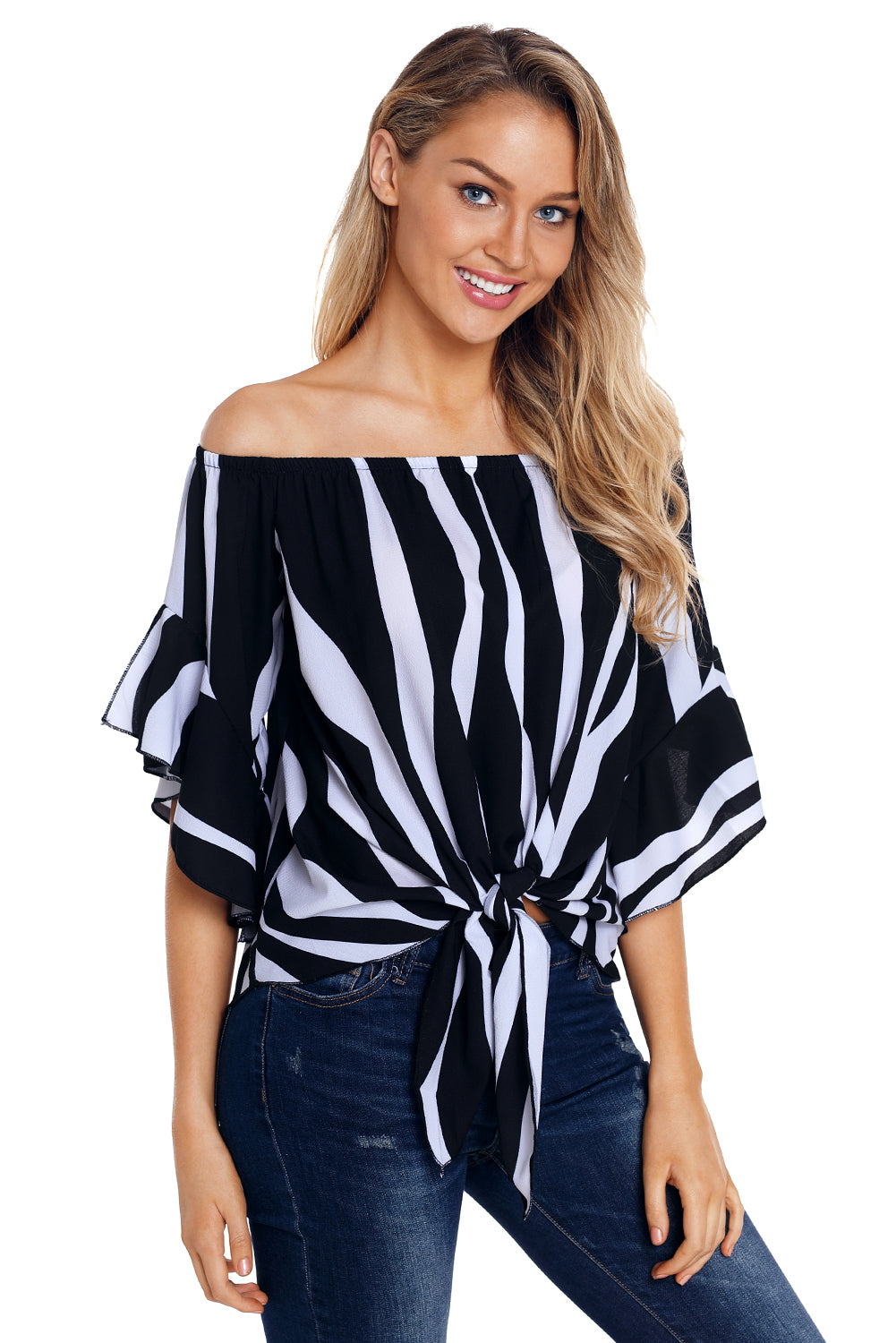 Women's Blouse with Vertical Black White Stripes Off The Shoulder