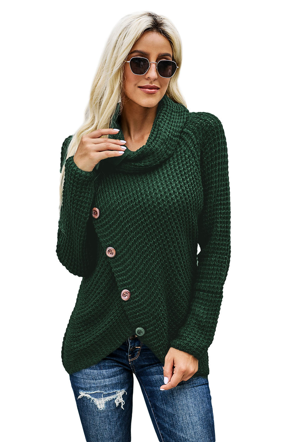 Turtleneck Sweater for Women Wrap Olive Green Button-Front