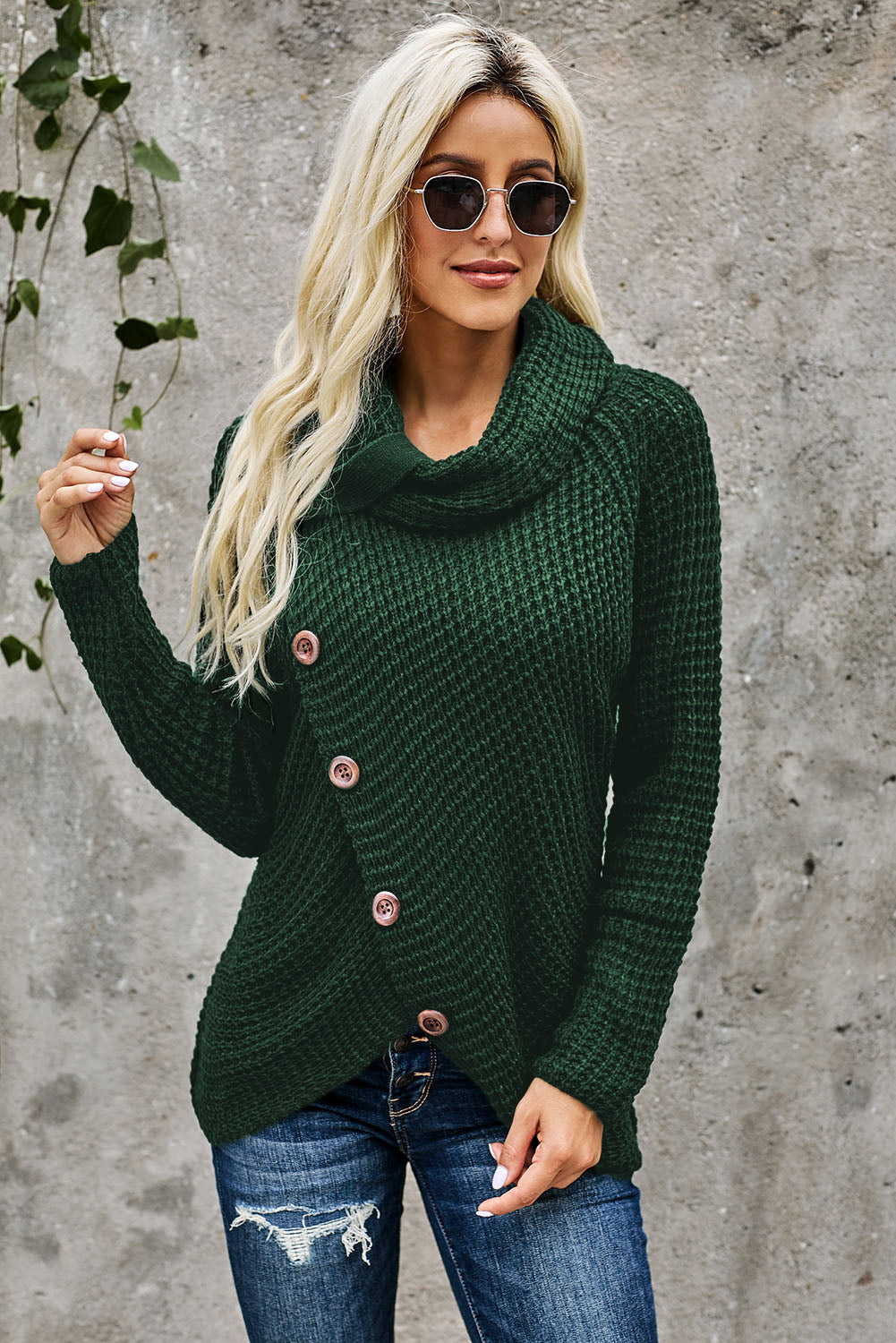 Turtleneck Sweater for Women Wrap Olive Green Button-Front