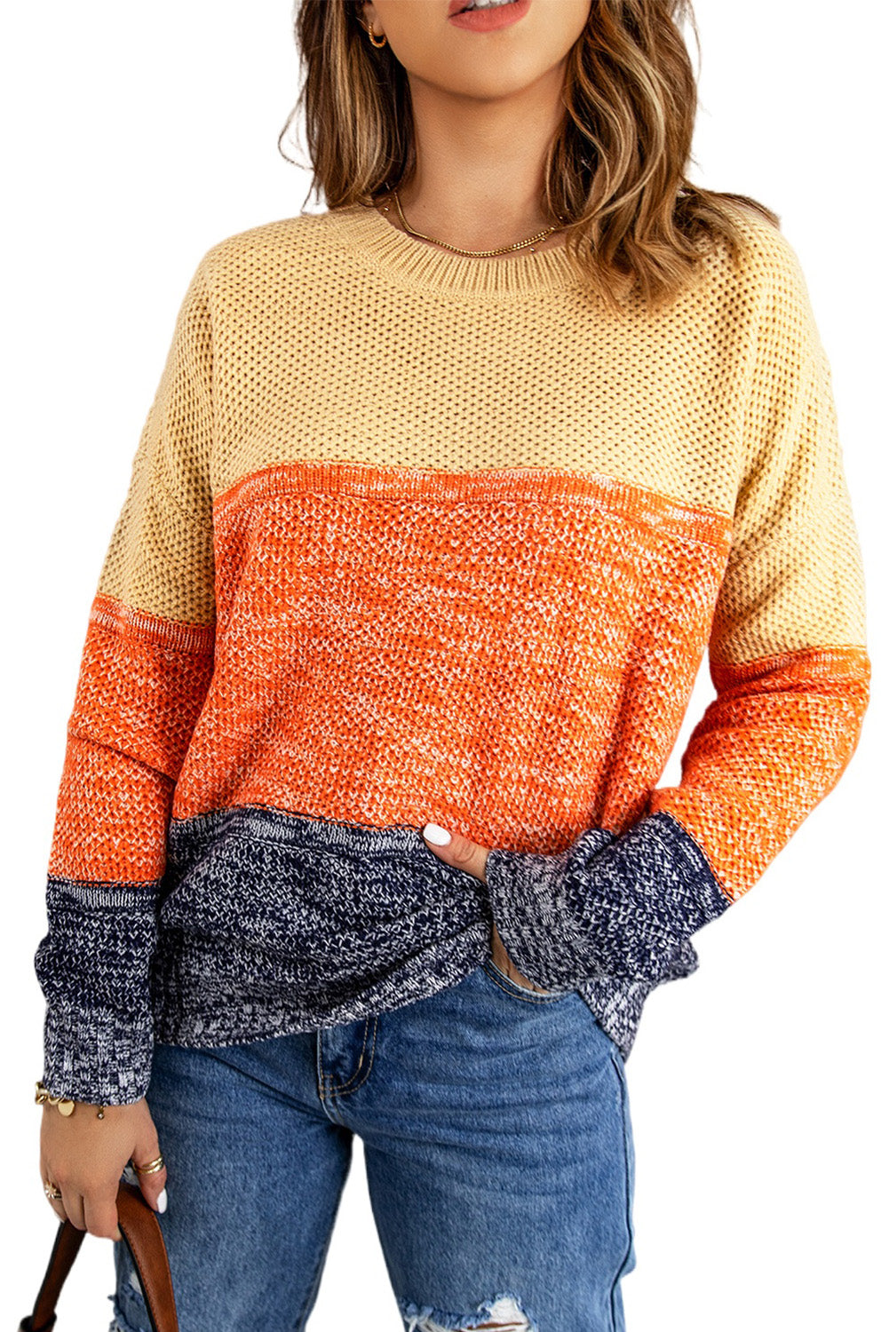 Sweater for Women Color-Block Orange Blue
