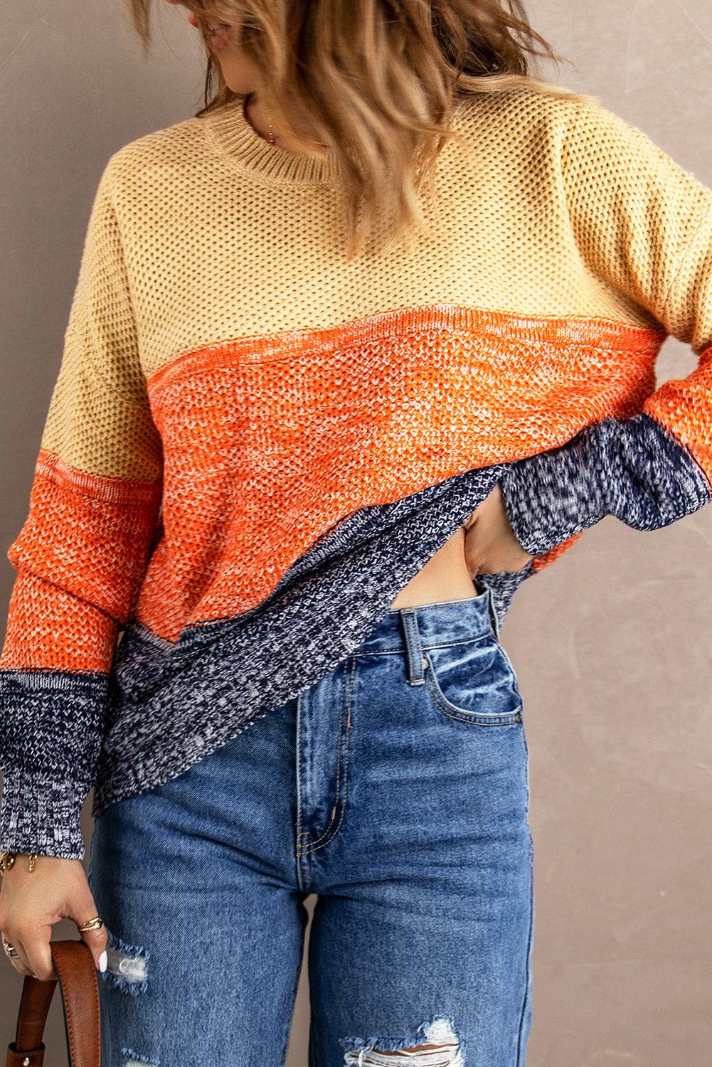 Sweater for Women Color-Block Orange Blue