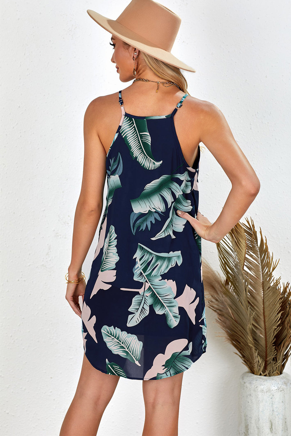 Dress for Women Navy Sleeveless Short Palm Tree Leaf Print