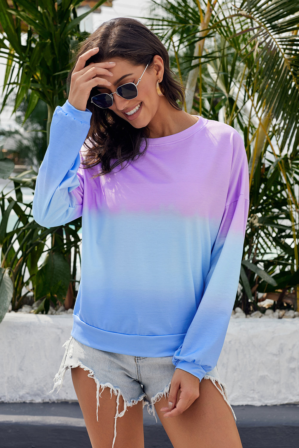 Women's Pullover Sweatshirt Featuring Tie Dye Purple Blue Color-Block