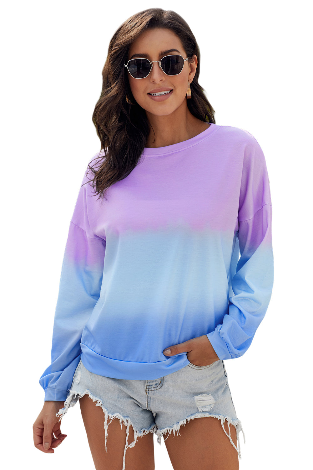 Women's Pullover Sweatshirt Featuring Tie Dye Purple Blue Color-Block