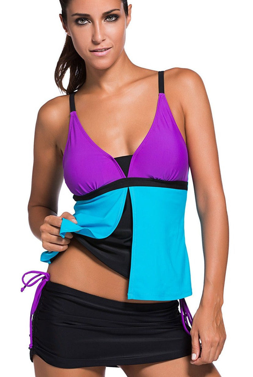 Women's Purple Blue Color-Block 2 Pieces Tankini Skort Bottom Swimsuit