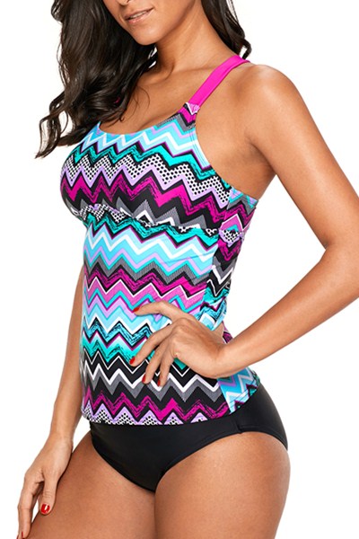 Women's Tankini Top Featuring Purple Blue Zigzag Print Y Back
