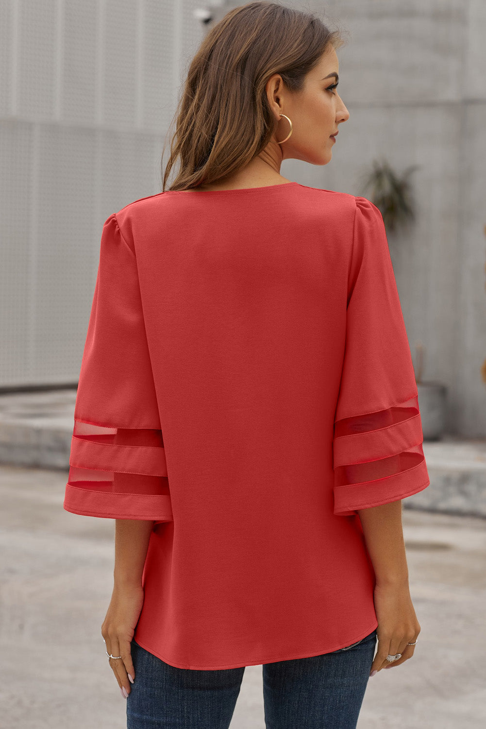 Women's Loose Women's Chiffon Red Flare Sleeve V Neck Blouse