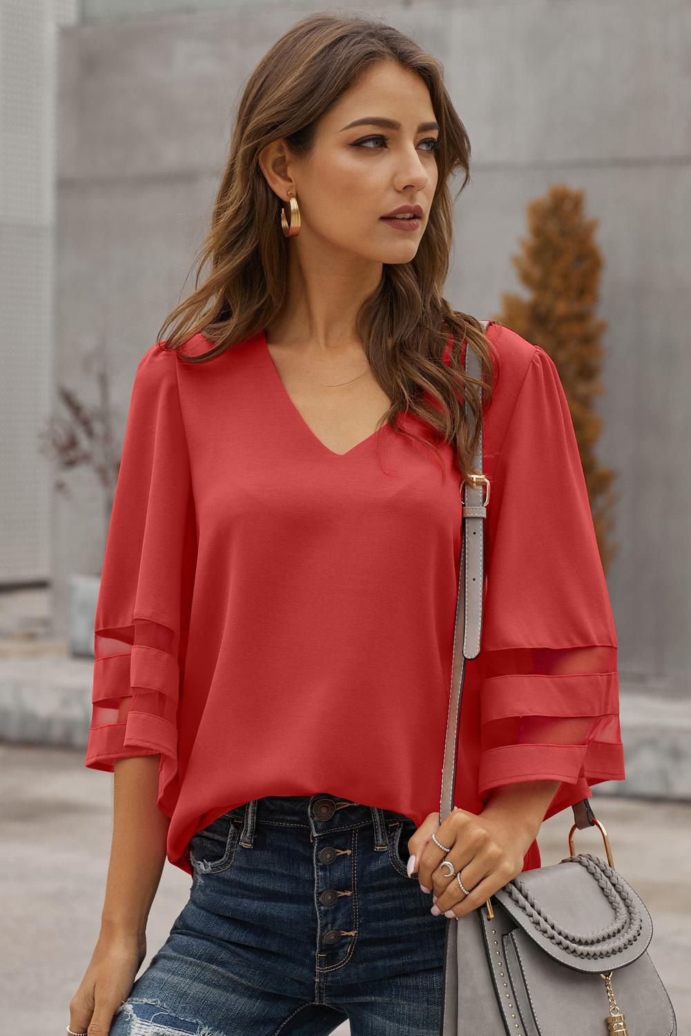 Women's Loose Women's Chiffon Red Flare Sleeve V Neck Blouse