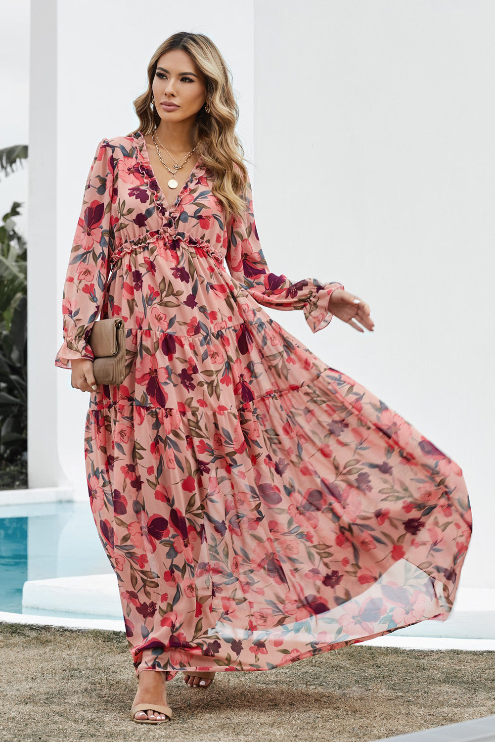 Women's Red Floral-Print Long-Sleeve Maxi Dress