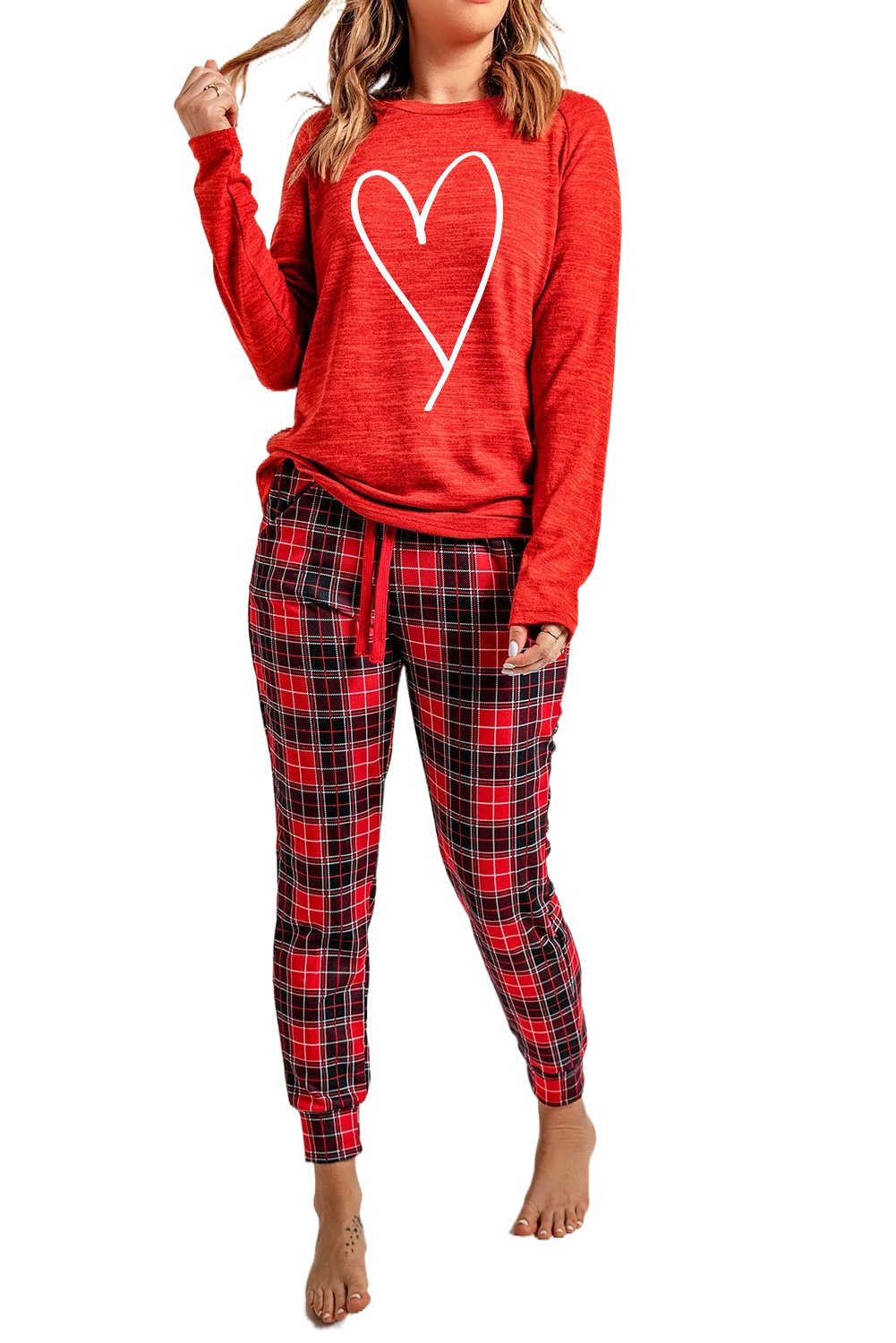 Women's Plaid Lounge Red Heart Print Set