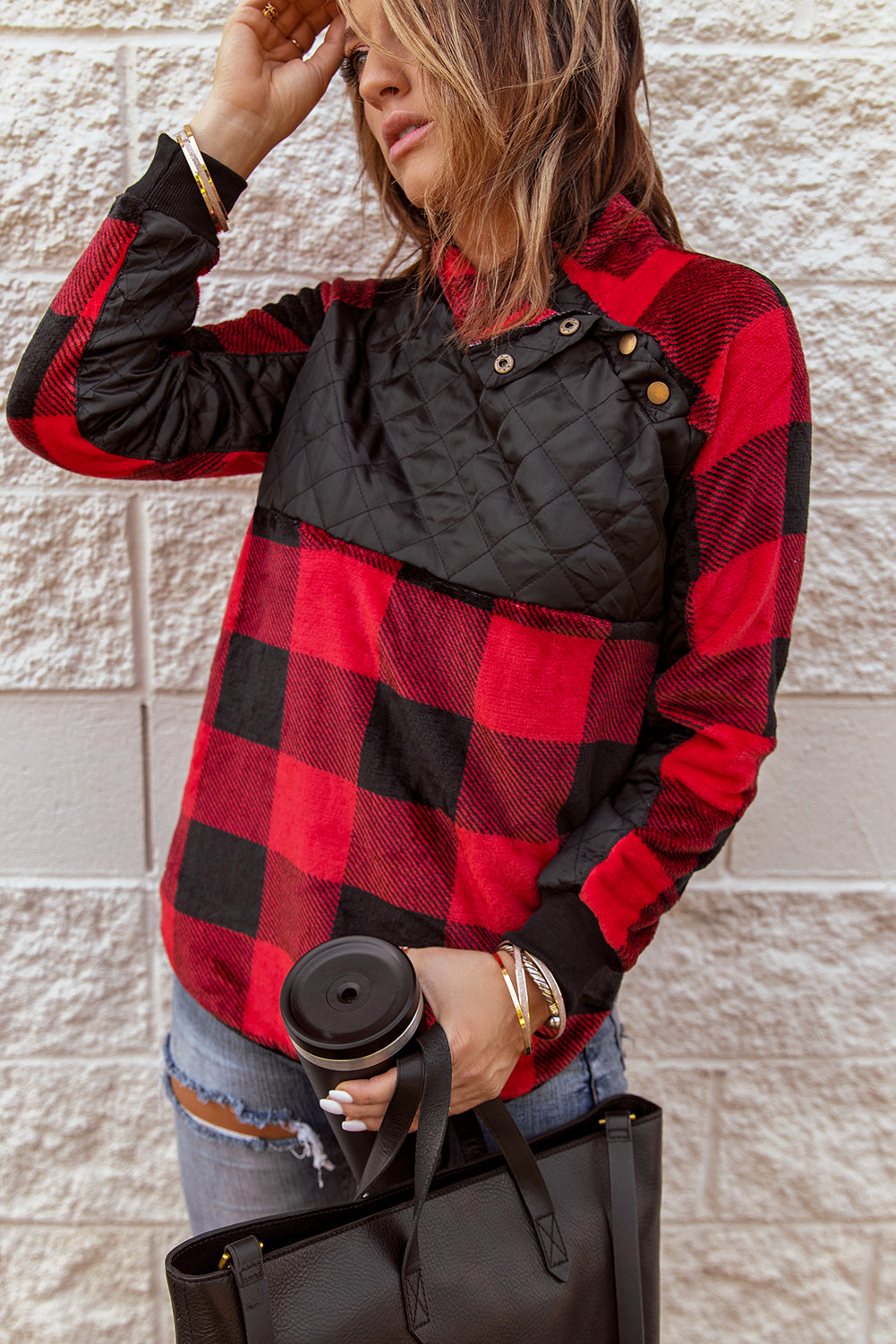 Sweatshirt for Women Paneled Red Plaid