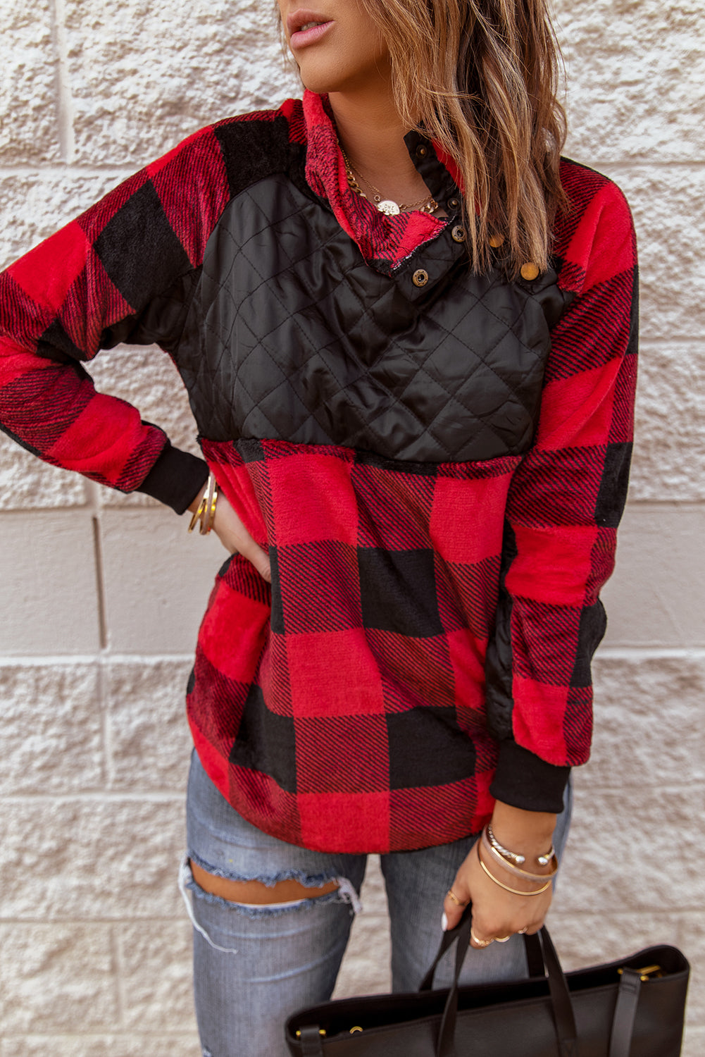 Sweatshirt for Women Paneled Red Plaid