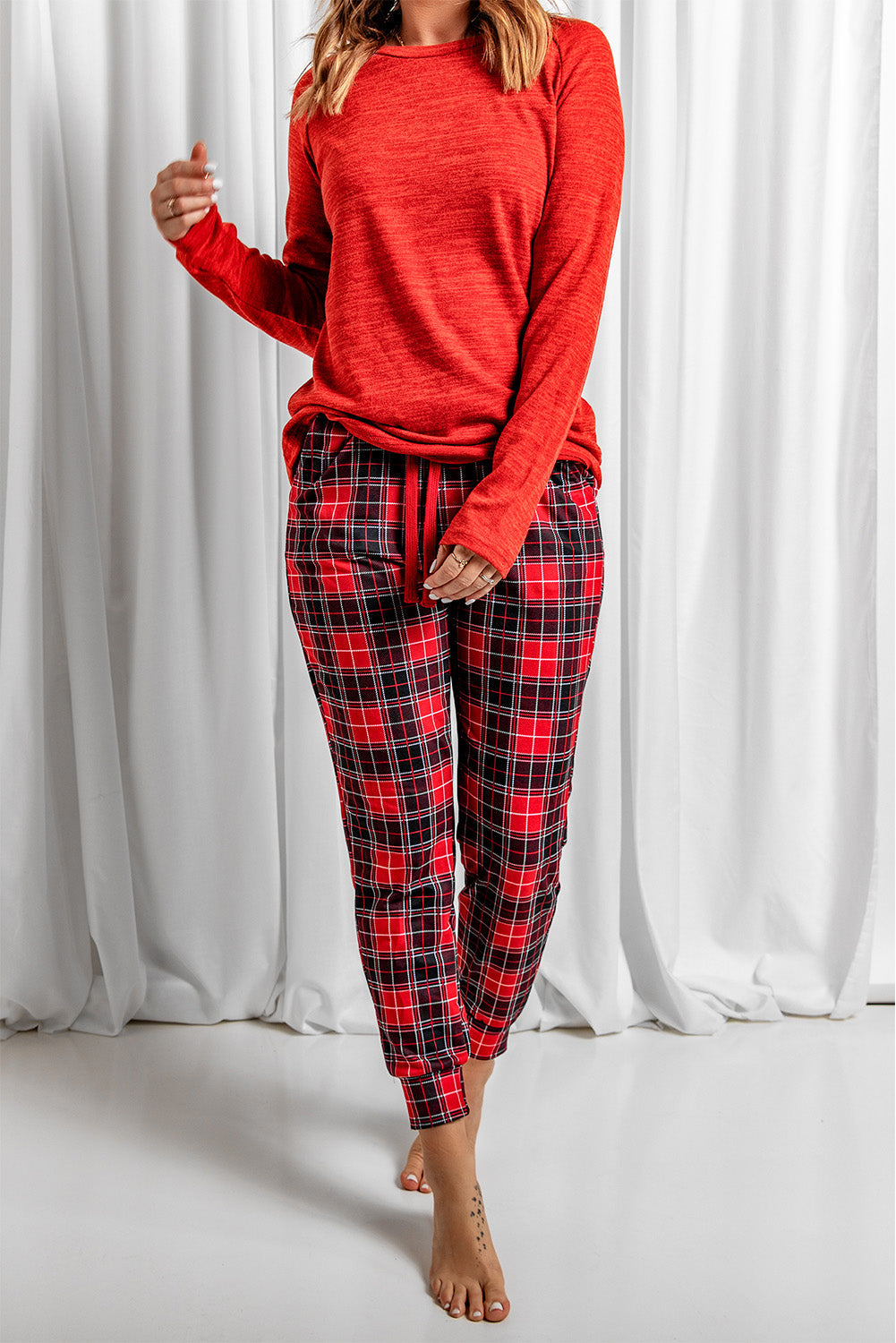 Women's Loungewear with Pants Red Top and Plaid