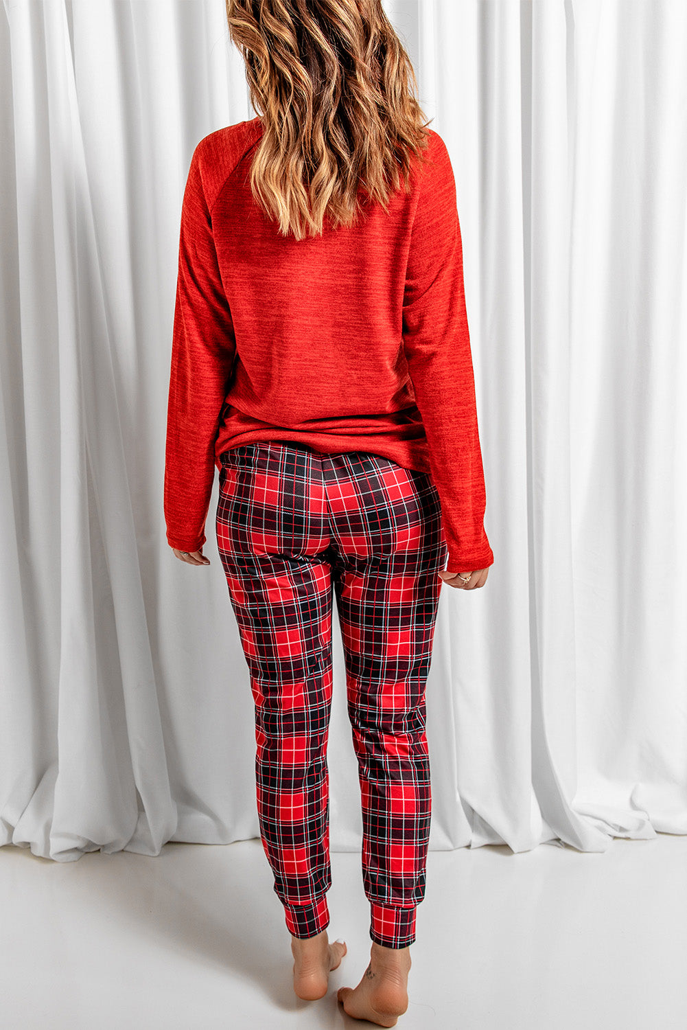 Women's Loungewear with Pants Red Top and Plaid