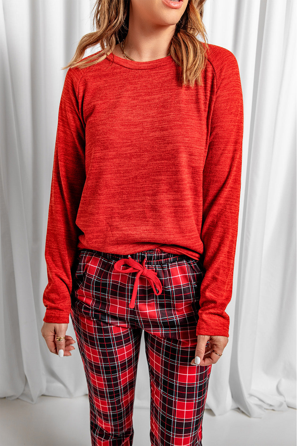 Women's Loungewear with Pants Red Top and Plaid