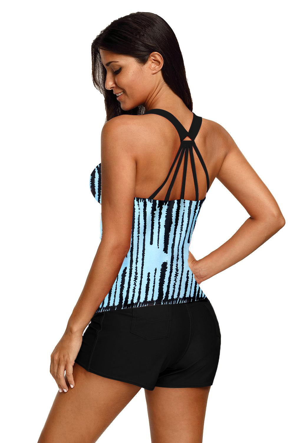 Women's Strappy Back Sky Blue Black Stripes Tankini Top