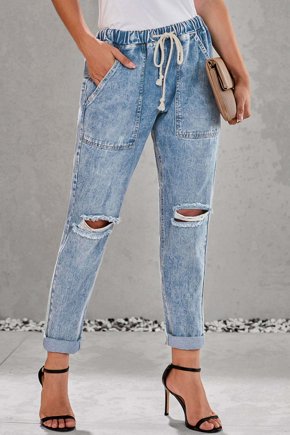 Women's Jogger Featuring Hole Denim Sky Blue Gather Round Distressed Pocket-Detail